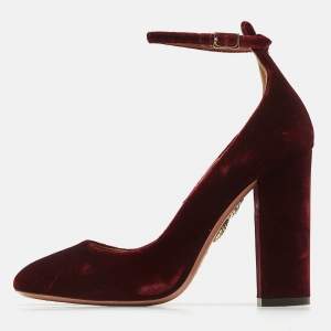 Pre Owned Aquazzura Burgundy Velvet Alix Ankle Strap Pumps Size 36