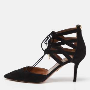 Pre Owned Aquazzura Black Suede Belgravia Lace Up Pointed Toe Pumps Size 40.5