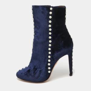 Aquazzura Navy Blue Velvet Follie Pearls Ankle Boots Size 36.5