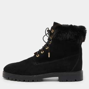 Aquazzura Black Suede and Fur Ankle Boots Size 40