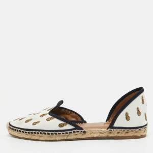 Aquazzura White Canvas Embroidered Pineapple Espadrille Flats Size 41