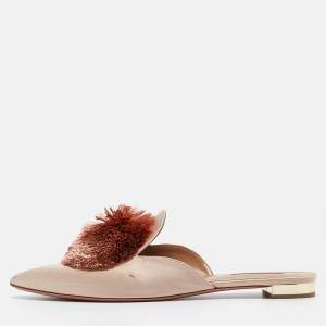 Pre Owned Aquazzura Pink Satin Pom-Pom Embellishments Pointed Toe Flat Mules Size 41