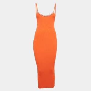 Area Orange Rib Knit Crystal Embellished Midi Dress M