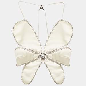 Pre Owned Area Cream Silk Blend Crystal Embellished Crop Top XS