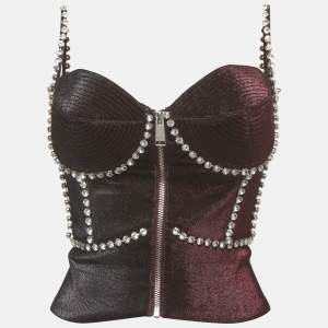 Pre Owned Area Burgundy Metallic Embellished Corset Top M