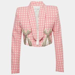 Pre Owned AREA Pink Houndstooth Crystal Embellished Bow Slit Cropped Blazer M