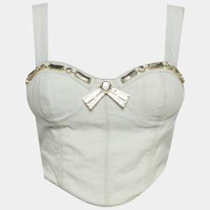 Pre Owned Area Light Blue Denim Crystal Embellished Crop Top S