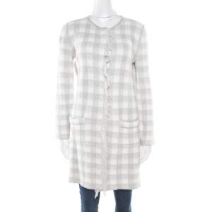 Armani Collezioni Grey and White Checked Fringed Trim Long Cardigan M