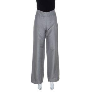 Armani Collezioni Grey Linen Silk Blend Wide Leg Trousers M 
