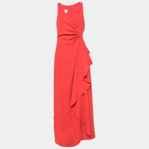 Pre Owned Armani Collezioni Orange Crepe Ruched Sleeveless Maxi Dress M