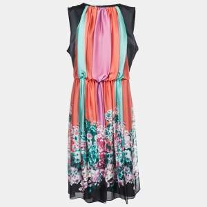 Armani Collezioni Multicolor Floral Printed Silk and Satin Gathered Sleeveless Midi Dress L