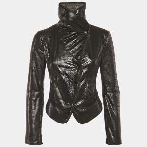 Pre Owned Armani Collezioni Black Faux Leather and Faux Fur Biker Jacket S
