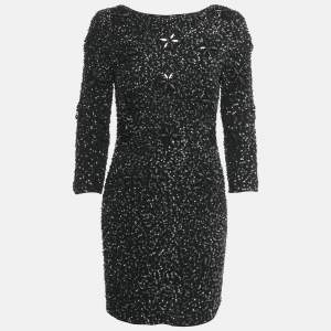 Pre Owned Armani Collezioni Black Embellished Crepe Mini Dress S