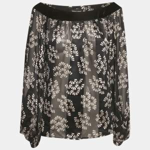 Pre Owned Giorgio Armani Black Printed Silk & Velvet Trim Top L