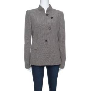 Pre Owned Armani Collezioni Beige and Brown Textured Wool Mandarin Collar Blazer L