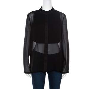 Armani Collezioni Black Silk Satin Trim Detail Long Sleeve Blouse M