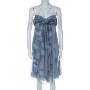 Armani Collezioni Blue Printed Silk Organza Ruched Bust Babydoll Dress M