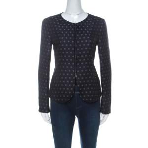 Armani Collezioni Navy Blue Spot-Jacquard Silk Blend Zip Front Jacket M