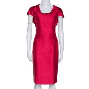Pre Owned Armani Collezioni Ruby Pink Cotton & Silk Pintuck Detail Sheath Dress L