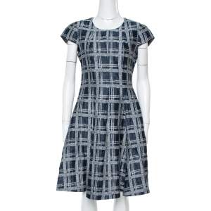 Pre Owned فستان أرماني كوليزوني واسع قطن و كتان مربعات أزرق كحلي مقاس وسط (ميديوم)