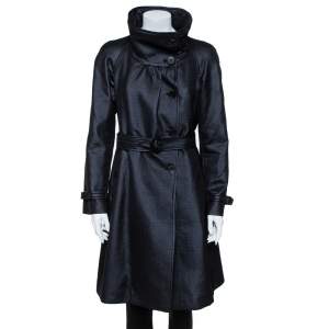 Pre Owned Armani Collezioni Metallic Black Wool Belted Trench Coat M