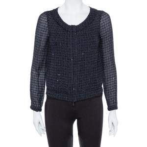 مملوكة مسبقًا Armani Collezioni Navy Blue Embellished Crumpled Chiffon Lightweight Jacket S