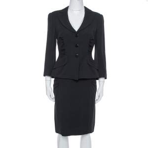Armani Collezioni Black Crepe Ruched Detail Blazer & Fitted Skirt Set M