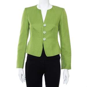 Pre Owned جاكيت بليزر أرماني كوليزيوني قطن أخضر وحرير بأزرار أمامية مقاس صغير - سمول