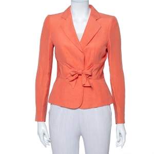 Pre Owned جاكيت بليزر أرماني كوليزوني مزين رباط أمامي كتان  و حرير وردي مرجاني مقاس صغير (سمول)