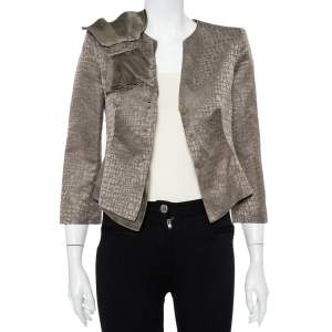 Pre Owned Armani Collezioni Vintage Grey Textured Linen & Silk Bow Trim Detail Blazer S