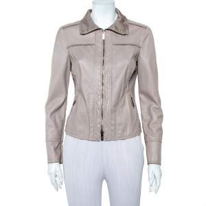 Pre Owned جاكت أرماني كالزوني سحاب أمام جلد بيج مقاس متوسط