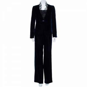 Armani Collezioni Midnight Blue Velvet Embellished Mesh Collar Blazer & Wide Leg Pants L