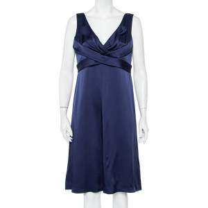 Pre Owned فستان أرماني كوليزيوني حرير ساتان أزرق كحلي ساتان ديرابيه مقاس كبير - لارج