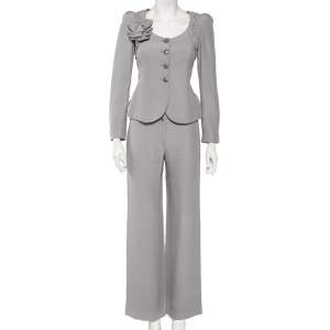 Armani Collezioni Grey Crepe Bow Detail Collarless Jacket & Straight Leg Trousers S