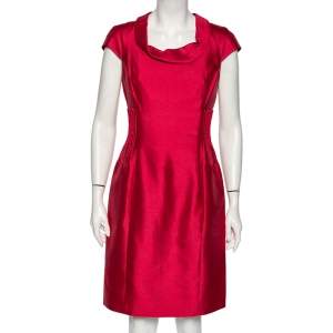 Pre Owned Armani Collezioni Ruby Pink Cotton & Silk Pintuck Detail Sheath Dress M