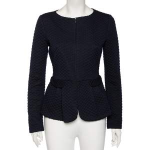 Pre Owned جاكيت أرماني كوليزيوني أسود وأزرق كحلي نمط ماسي جاكار منقوش ببليوم مقاس متوسط - ميديوم