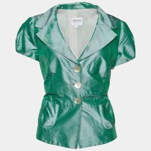 Pre Owned Armani Collezioni Green Slub Cotton Mother of Pearl Buttoned Blazer M