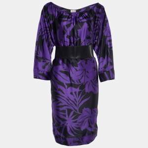 Armani Collezioni Purple & Black Floral Print Belted Dress S