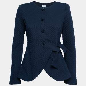 Pre Owned Armani Collezioni Navy Blue Embossed Tie-Up Detail Blazer M