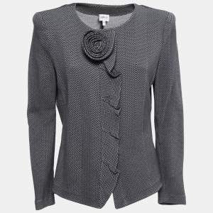 Pre Owned Armani Collezioni Grey Chevron Pattern Floral Detail Ruffled Blazer XL