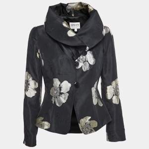 Pre Owned Armani Collezioni Black Floral Jacquard Cowl Neck Blazer M