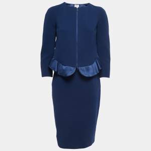 Armani Collezioni Navy Blue Knit Satin Trimmed Skirt Top Set M