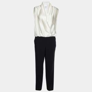 Armani Collezioni Off-White Silk & Black Crepe Draped Neck Jumpsuit L