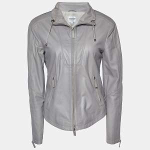 Pre Owned Armani Collezioni Grey Leather Zip Up Jacket M