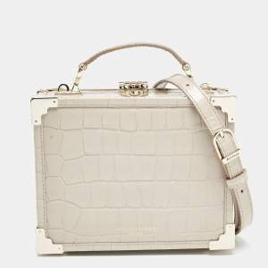 Aspinal Of London Light Beige Croc Embossed Leather Trunk Top Handle Bag