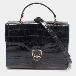 Aspinal Of London Black Croc Embossed Leather Mayfair Top Handle Bag