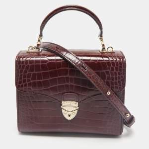 Aspinal of London Burgundy Croc Embossed Leather Small Mayfair Top Handle Bag