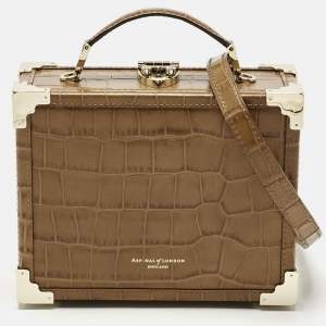 Aspinal Of London Tan Croc Embossed Leather Trunk Top Handle Bag