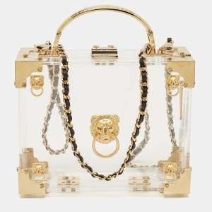Pre Owned Aspinal Of London Gold/Clear Acrylic Trunk Top Handle Bag