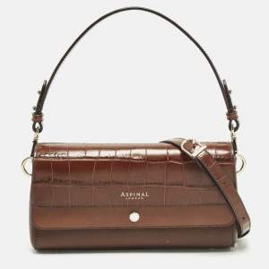Pre Owned Aspinal Of London Hampton Brown Croc Embossed and Leather Shoulder Bag